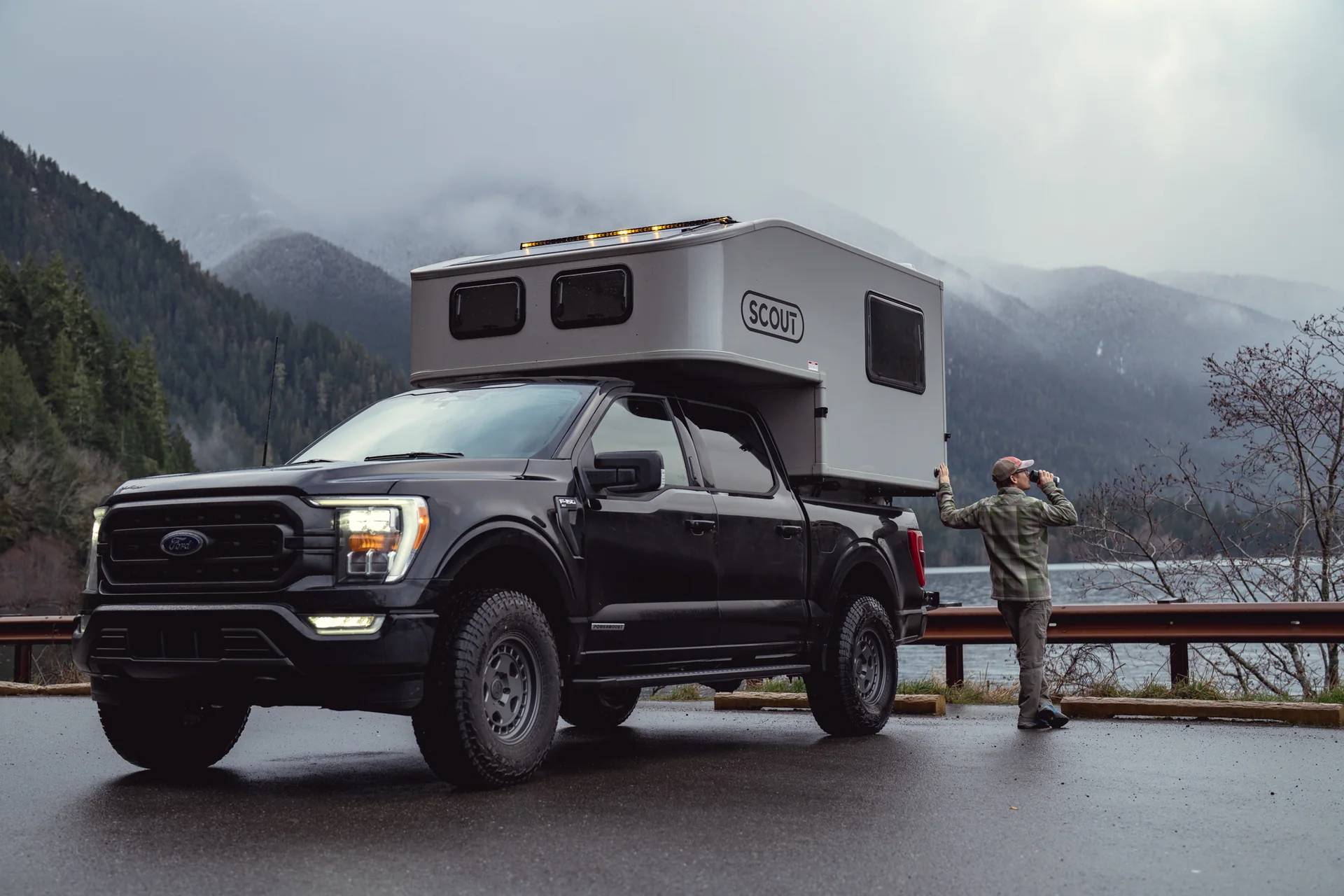 Scout Olympic on a Ford F-150 by the lake