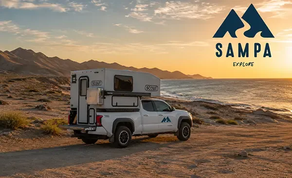 Camper facing the sea at sunset, with the Sampa Explore logo
